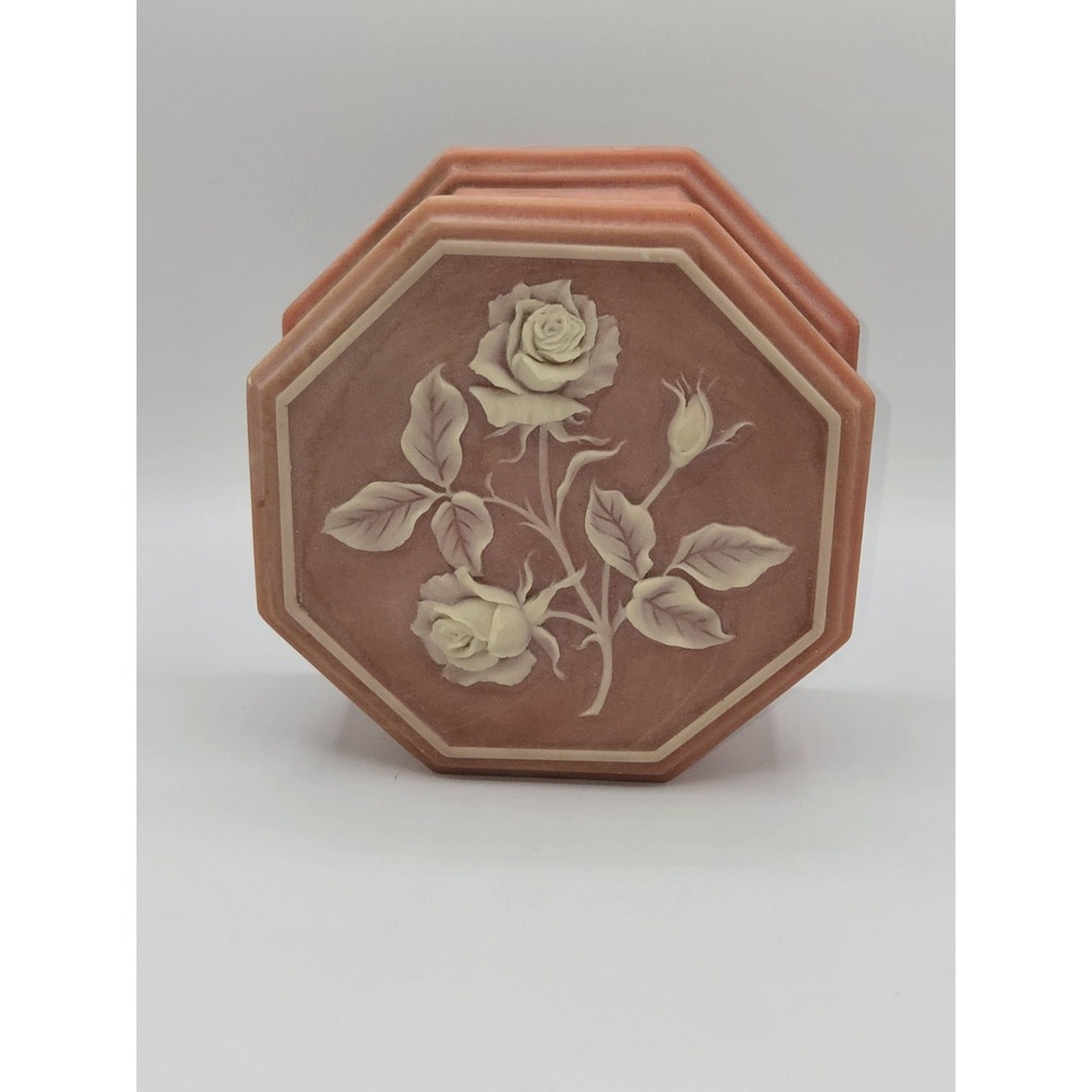 Vintage Soapstone Rose Music Box Octagon Jewelry Trinket Box 1974